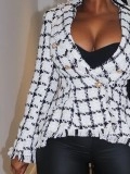 Black and white plaid fringed suit jacket