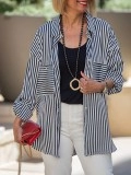 Black and white striped pocket rolled sleeve shirt