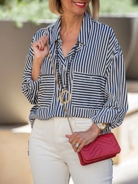 Black and white striped pocket rolled sleeve shirt