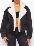 Black denim patchwork plush leather jacket