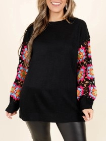 Black patchwork colorful embroidered sleeve sweater