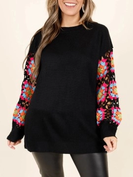 Black patchwork colorful embroidered sleeve sweater