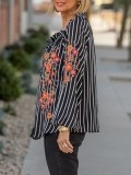 Black striped floral and plant embroidered shirt