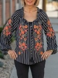 Black striped floral and plant embroidered shirt