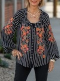 Black striped floral and plant embroidered shirt