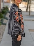 Black striped floral and plant embroidered shirt