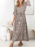 Black V-neck waistline leopard print Bohemian minimalist dress