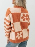 Brown Checkered Floral Print Striped Sleeve Sweater