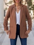 Brown pleated pocket open front suit jacket