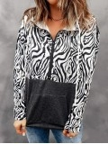 Casual zebra print patchwork zipper sweatshirt
