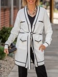 Contrast edged metal buckle with waistband knit cardigan