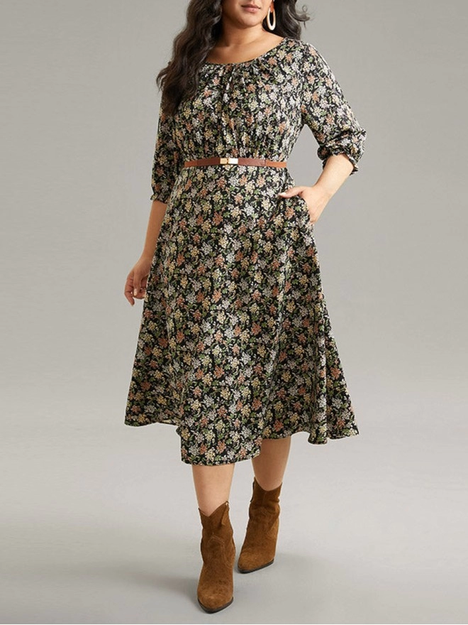 Crew-neck spliced plus-size floral dress for women