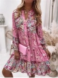 Floral Ruffle Smocked Print V Neck Casual Flare Mini Dress