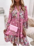 Floral Ruffle Smocked Print V Neck Casual Flare Mini Dress