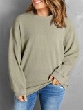 Green Solid Ribbed Knit Round Neck Pullover Sweatshirt