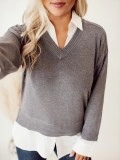 Grey patchwork white layered sweater
