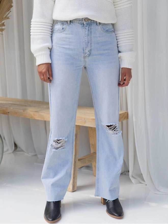 High Waist Wide Leg Open Front Jeans   Vintage Blue Wash