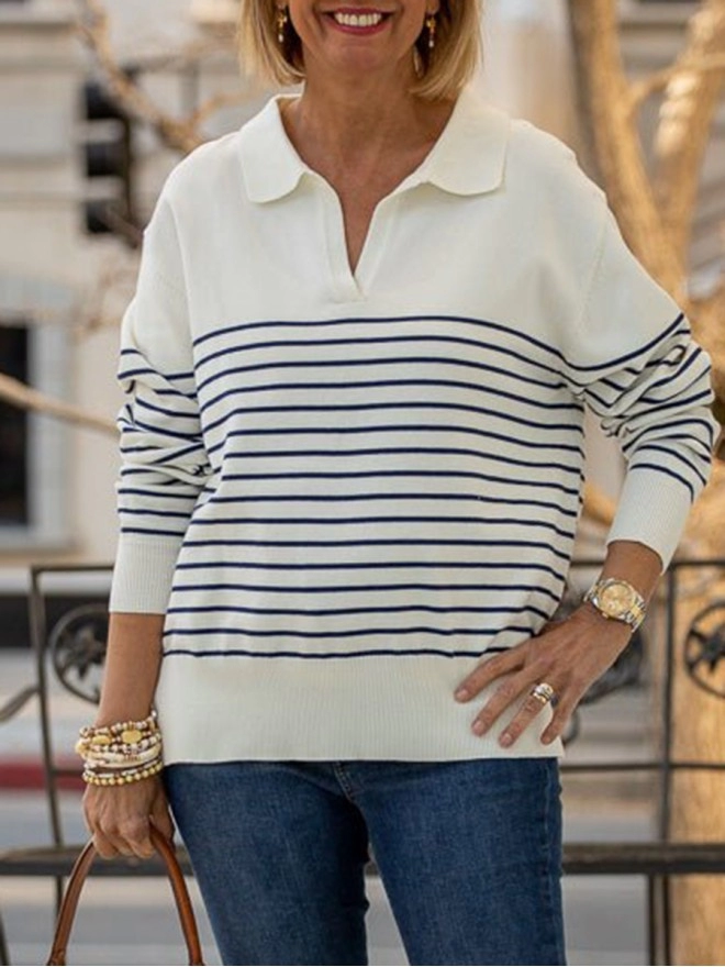 Ivory Navy Striped Split Sweater Top