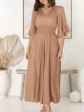 Khaki V-neck waist slimming lace-up dress