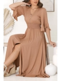 Khaki V-neck waist slimming lace-up dress