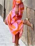 Women's Striped Print Belted Long Sleeve Dress