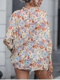 Multicolor Shirred Cuffs Bubble Sleeve Floral Blouse
