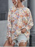 Multicolor Shirred Cuffs Bubble Sleeve Floral Blouse