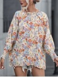 Multicolor Shirred Cuffs Bubble Sleeve Floral Blouse