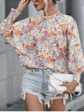 Multicolor Shirred Cuffs Bubble Sleeve Floral Blouse