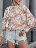 Multicolor Shirred Cuffs Bubble Sleeve Floral Blouse