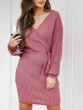 Pink V-neck Lace up Sweater Dress