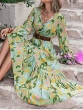 Printed Tie Neck Long Sleeve Maxi Dress