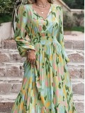 Printed Tie Neck Long Sleeve Maxi Dress