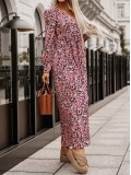 Printed V-Neck Long Sleeve Maxi Dress