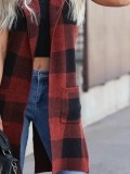 Red plaid pocket knit cardigan vest