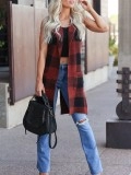Red plaid pocket knit cardigan vest