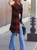 Red plaid pocket knit cardigan vest