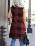 Red plaid pocket knit cardigan vest
