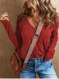 Red Sandalwood V Neck Center Seam Long Sleeve Tee
