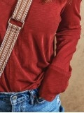 Red Sandalwood V Neck Center Seam Long Sleeve Tee