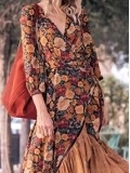 Retro Long Sleeve Printed Long Dress