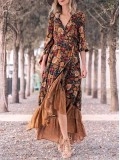 Retro Long Sleeve Printed Long Dress