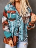 Retro print patchwork hooded denim jacket