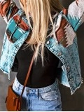 Retro print patchwork hooded denim jacket
