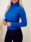 Women's Blue Rib Knitted High Neck Sweater