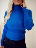 Women's Blue Rib Knitted High Neck Sweater
