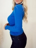 Women's Blue Rib Knitted High Neck Sweater