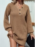 Solid Color V-neck Button Mid-length Women's Sweater Dress