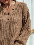 Solid Color V-neck Button Mid-length Women's Sweater Dress