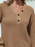Solid Color V-neck Button Mid-length Women's Sweater Dress